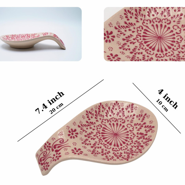 Ceramic spoon rest with unique handmade painting, embossed with red authentic patterns
