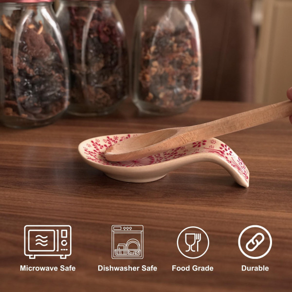 Ceramic spoon rest with unique handmade painting, embossed with red authentic patterns