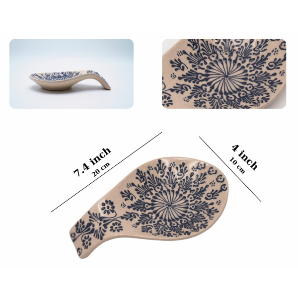 Ceramic spoon rest with unique handmade painting, embossed with blue authentic patterns
