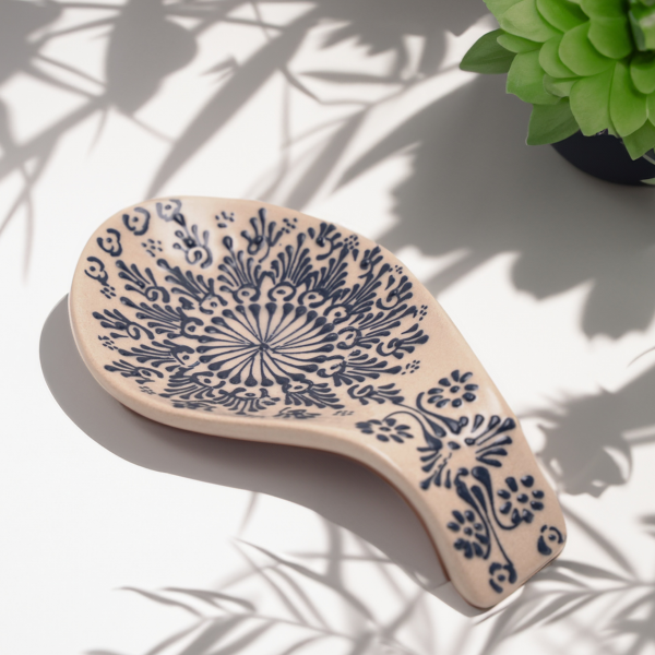 Ceramic spoon rest with unique handmade painting, embossed with blue authentic patterns