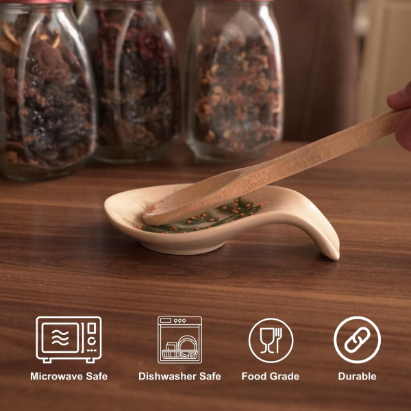 Ceramic spoon rest with unique handmade painting, embossed with red authentic patterns
