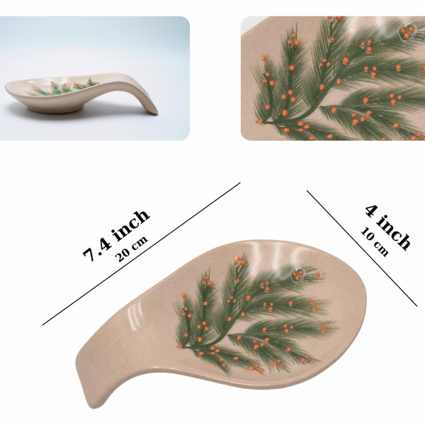 Ceramic spoon rest with unique handmade painting, embossed with red authentic patterns